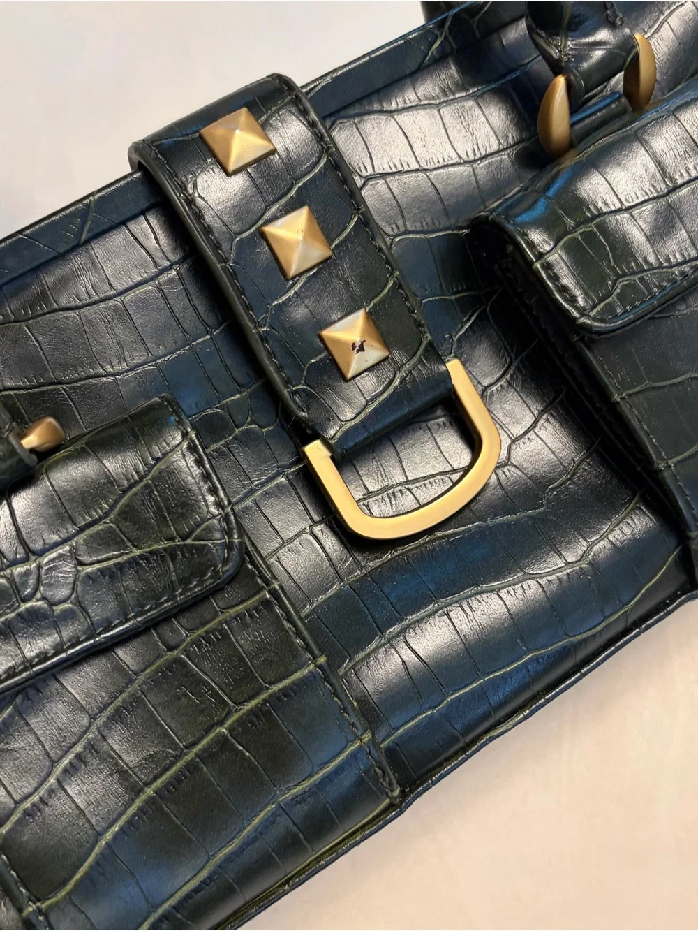 New York & Company Faux Crocodile Top-Handle Bag in Dark Green w/ Gold Hardware